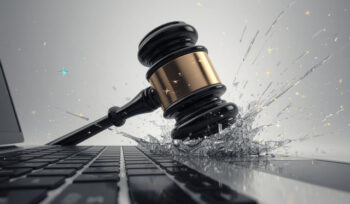 FARE_ martello del giudice che rompe il computer portatile