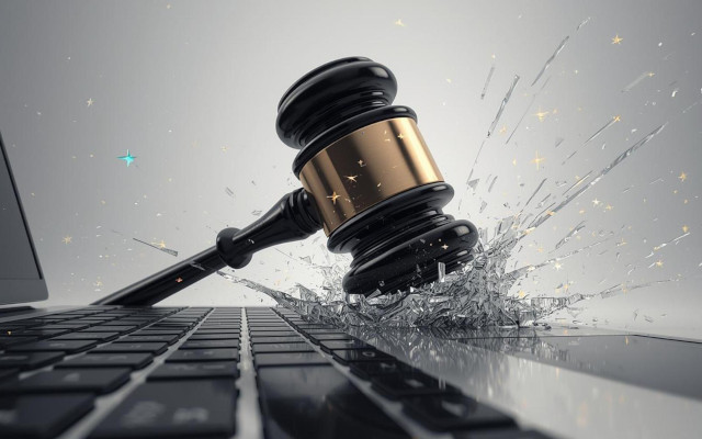 FARE_ martello del giudice che rompe il computer portatile